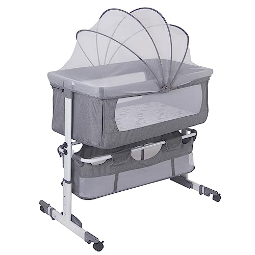 Baiyun Beistellbett Baby, 2 in 1 Babybett und Babywiege, Kinderbett mit Rollen, Moskitonetz, Lagerungstasche und Matratze, Höhenverstellbar Struktur aus Aluminiumlegierung (Modell 1 Grau) von Baiyun