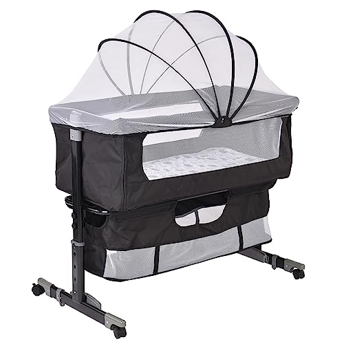 Baiyun Beistellbett Baby, 2 in 1 Babybett und Babywiege, Kinderbett mit Rollen, Moskitonetz, Lagerungstasche und Matratze, Höhenverstellbar Struktur aus Aluminiumlegierung (Modell 3 Schwarz) von Baiyun