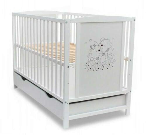 Dedstore-Baby Babybett mit Matratze 120x60 cm Höhenverstellbar - Komplett Set - Beistellbett Weiß mit Motiv Bär - Baby Bett - Kinderbett - Baby Bed von Dedstore-Baby