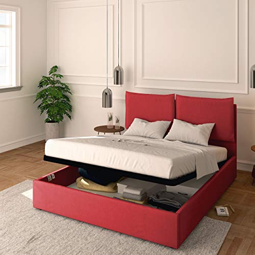 Baldiflex Doppelbett mit Stauraum, Modell Licia aus Stoff, Lattenrost, für Doppelbetten 160 x 200 cm, Kopfteil fein gepolstert, Farbe Cranberry von Baldiflex