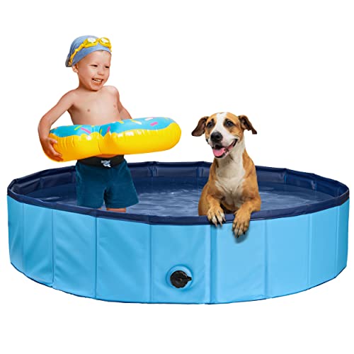 Stabiler Hundepool | Planschbecken für Hunde | Faltbarer Pool mit Ablassventil | rutschfeste Badewanne | Bällebad Kinder | Bälle Bad inkl. Badebürste & Reparaturset - Dog Pool 120x30 (Blue) von Balinco