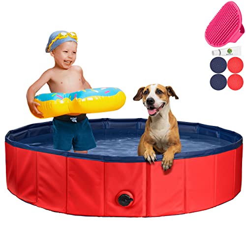 Stabiler Hundepool | Planschbecken für Hunde | Faltbarer Pool mit Ablassventil | rutschfeste Badewanne | Bällebad Kinder | Bälle Bad inkl. Badebürste & Reparaturset - Dog Pool 160x30 (Red) von Balinco