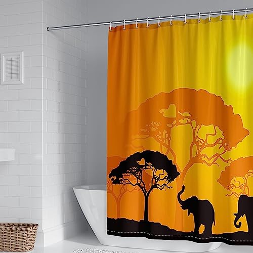Duschrollo für Badewanne, Duschvorhang Edel Orange Schwarz Polyester Bäume und Elefanten Eleganter Duschvorhang 165X180cm von Banemi