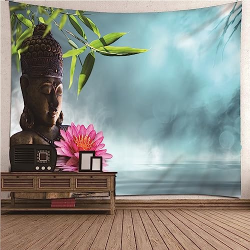 Wandtuch Natur, Wandteppich Vintage Rosa Grün Polyester Buddha Bambusblatt Lotus Wandteppich Wand Deko 210x140cm von Banemi