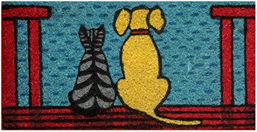 Baroni Home Handbemalte Fußmatte aus Platzsparendem Kokosnuss und rutschfester Unterseite, Strapazierfähige und leicht zu reinigende Eingangsmatte, Gelber Hund und graue Katze in der Veranda, 50x25 cm von Baroni Home