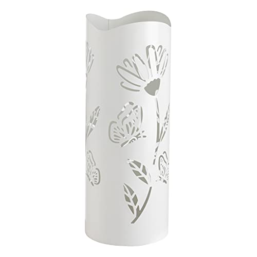 Baroni Home Schirmständer modernes Design Regenschirmhalter aus Metall mit Blumen und Schmetterlingen, weiß mit 2 Haken und abnehmbaren Regenbehälter 19 x 19 x 49 cm (Weiß) von Baroni Home