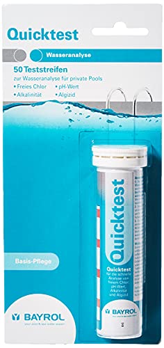 BAYROL Quicktest - 50 Pool Teststreifen - Wassertester für Pool- Messung pH Wert - freies Chlor - Alkalinitaet & Algizid im Schwimmbad - Chlor Teststreifen Pool - Pool Tester von Bayrol