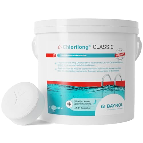 BAYROL e-Chlorilong® CLASSIC 5 kg – langsamlösliche 200 g Chlortabletten für Pool zur Dauerdesinfektion - Aktivchlorgehalt 92 % - alle Filterarten - Dosierschwimmer Pool oder Skimmer von Bayrol