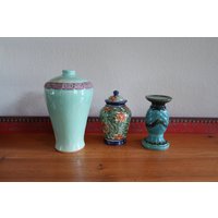 Keramik Grüne Vase, Deckeldose Deckelurne, Kerzenhalter Keramikdose, Dekor Wohnkultur Küche von BeadazzledAndCharmed