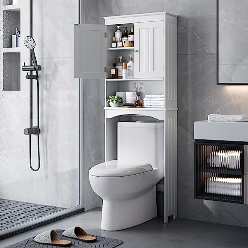 Bealife Toilettenregal, Regal über Toilette mit 3-stufigen verstellbaren Regalen, WC Überbauschrank Freistehend, 167x60x23cm Überbau Toilettenschrank mit Doppeltüren für Badezimmer – Weiß von Bealife