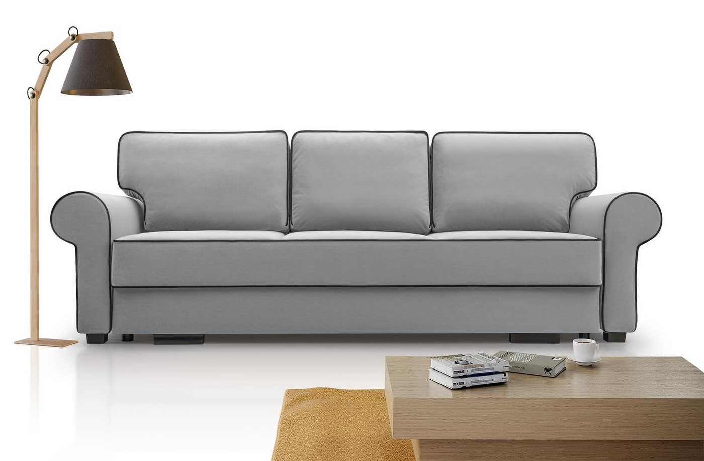 Beautysofa 3-Sitzer BELLO, in Retro-Stil, Bettkasten, Wellenfedern, für Wohnzimmer, Dreisitzer Sofa aus Veloursstoff, inklusive Schlaffunktion von Beautysofa