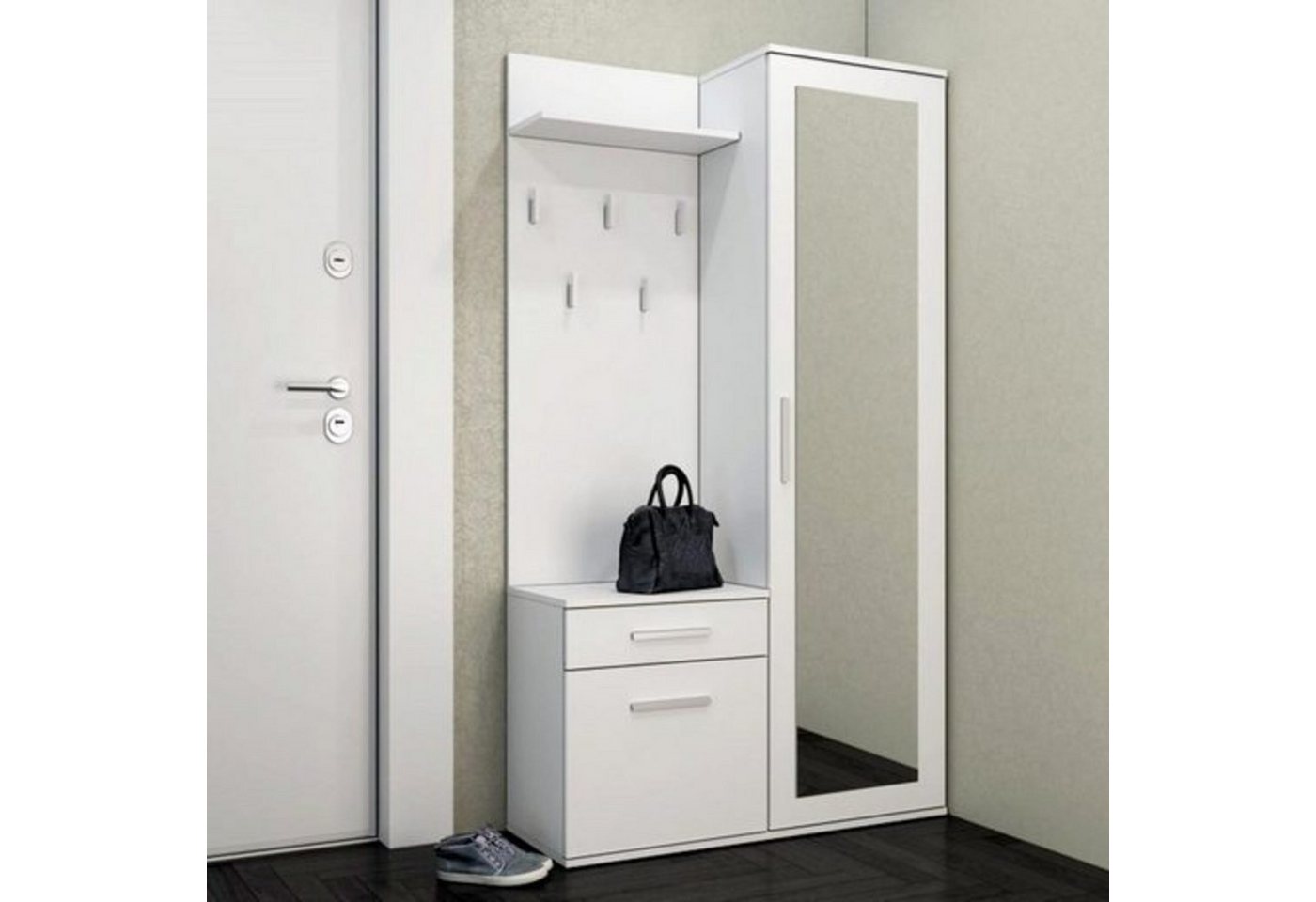 Beautysofa Kompaktgarderobe Fiora (Garderobenschrank + Paneel + Schuhschrank, Garderoben-Set, 5 Kleiderhaken) Tür mit Spiegel, Breite:100 cm von Beautysofa