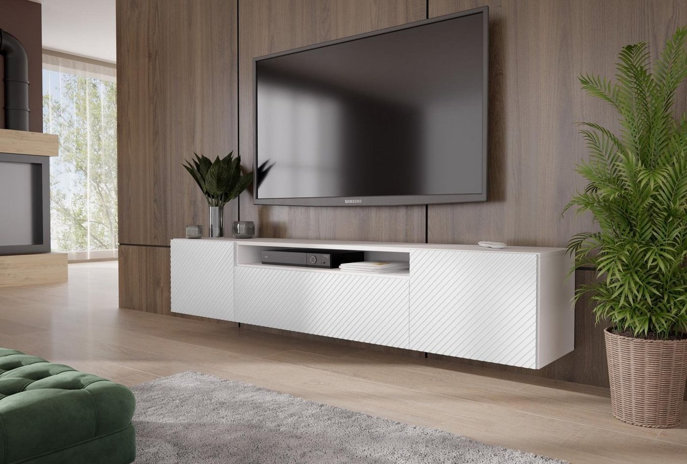 Beautysofa TV-Schrank Kler (gefräste Tür, Weiß / Schwarz, Wandmontage) Breite 200 cm, RTV Schrank mit 3x Scharniertüren von Beautysofa