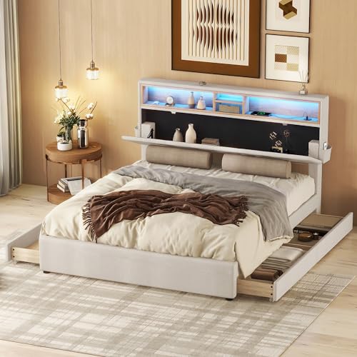 Becag Polsterbett 140x200, Doppelbett mit 4 Schubladen Stauraum, LED-Kopfteil mit Staufach und AufladenUSB, Bett mit Lattenrost, Stauraumbett Rückenlehne Bett Jugendbett, Ohne Matratze Leinen (Beige) von Becag