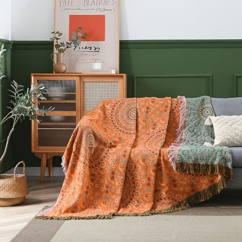 Bedduvit Doppelseitig Boho Tagesdecke - 100% Baumwolle gewebte Decke, 230x250cm, Blumenmuster und Quasten, 4 Jahreszeiten Kuschelig weiche TV- Couchdecke Sesseldecke Sofadecke Wohndecke von Bedduvit