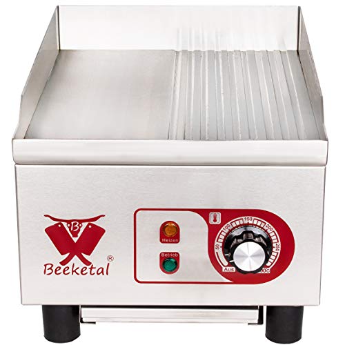 Beeketal 'BHGP-5' Profi Gastro Gusseisen Grillplatte elektrisch mit ca. 270 x 320 mm Grillfläche (glatt & gerillt), stufenlos 50-300 °C (1800W), Elektrogrill mit Spritzschutz und Fett Behälter von Beeketal