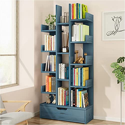 Bücherregal mit 14 Ablagen, Vintage-Baum-Bücherregal, Bücherregal, Display-Regal, Aufbewahrungs-Organizer (Blau mit Schublade) von Begonial