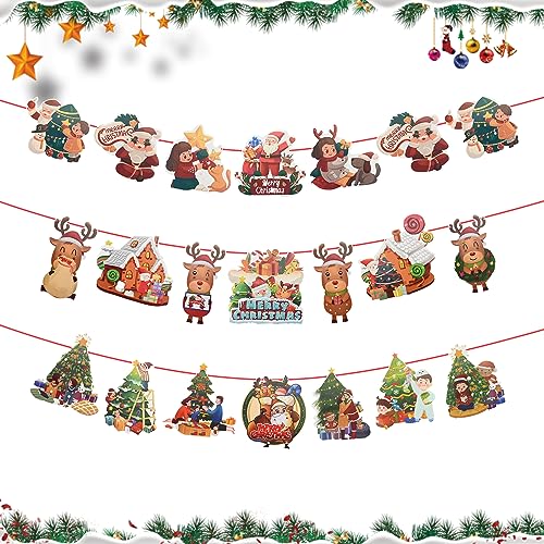 Bekecidi 3 Stück Frohe Weihnachten Banner, Weihnachtsbaum Weihnachtsmann Rentier Wimpelkette Banner Papierflaggen Weihnachten Hängende Wimpelkette Girlande Xmas Party Dekorationen Zubehör für Zuhause, von Bekecidi