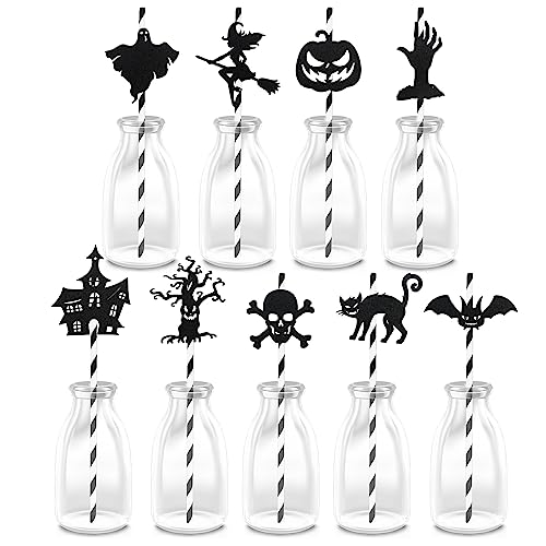 Bekecidi 9 Stück Halloween-Papierstrohhalme, Cocktails, Dekorative Strohhalme, Halloween Aufkleber, Gestreifte Papierstrohhalme inklusive Kürbis Spukhaus Geist für Halloween Partyzubehör Dekoration von Bekecidi