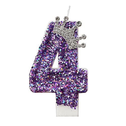 Bekecidi Birthday Cake Candle mit Purple Pailletten mit Crown -Geburtstagskandel, hoch -ausgrades lila digitale Kuchenkerze, geeignet für Jubiläumsfeieraktivitäten（Digitales Modell 4） von Bekecidi