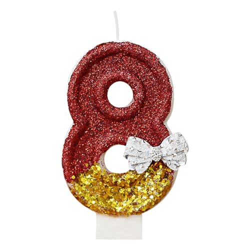 Bekecidi Nummer 8 Kerzen mit Schleifenknoten, Rote Geburtstagskerzen Nummer 8 Cake Topper Zart, Gold Kuchen Funkeln Zahlenkerzen für Kuchen Mädchen Geburtstag Party Hochzeitstag (Nummer 8) von Bekecidi