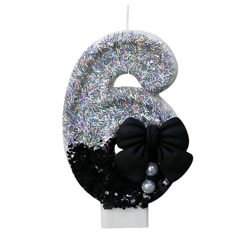 Bekecidi Schmetterling Perlen Nummer 6 Kerzen, Schwarz Happy Birthday Kuchen Kerzen Pailletten Glitzer, Exquisite Cake Topper 6 Kerzen für Mädchen Frauen Geburtstag Party Hochzeit (Nummer 6) von Bekecidi