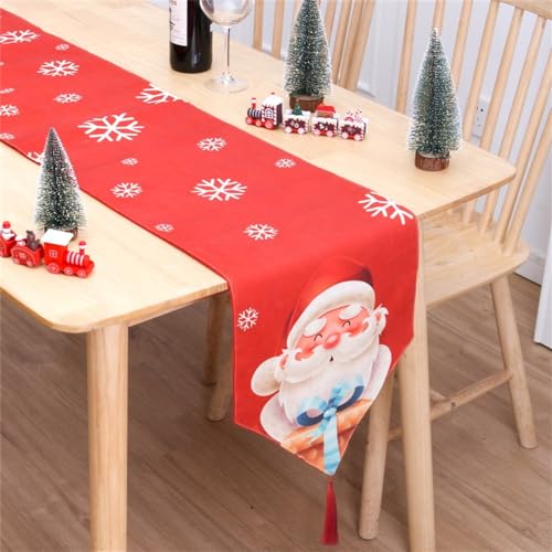 Bekecidi Weihnachten Tischläufer, Rot Weihnachtsmann Schneeflocke Tischläufer Lange Leinen Weihnachts Tischdecke Weihnachtstisch Dekoration für Küche Esstisch Drinnen Draußen Party Dekor (180x33CM) von Bekecidi