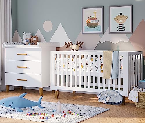 Bellabino Kinderzimmer Set Liri Weiß/Natur, Kinderzimmerset bestehend umbauberen Gitterbett und Wickelkommode mit abnehmbaren Wickelaufsatz aus Kiefer Massivholz, Babyzimmer Set komplett 2tlg. von Bellabino