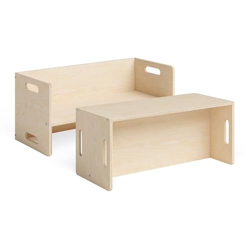 Bellabino AKI 2in1 Kindersitzbank und Kindertisch, 2X Wendebank für Kinder, Montessori Sitzbank aus Holz, Bank mit 3 Sitzhöhen Birke Natur 180 Grad drehbar, Kindertisch 80 x 35 x 35 cm von Bellabino