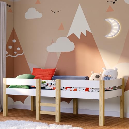 Bellabino Kinderbett 90x200 Aspy, Hochbett mit Rausfallschutz, Babybett für Jungen und Mädchen, Halbhochbett weiß inkl. Lattenrost, Hochbett mit Stauraum, Stabil Massivholz von Bellabino