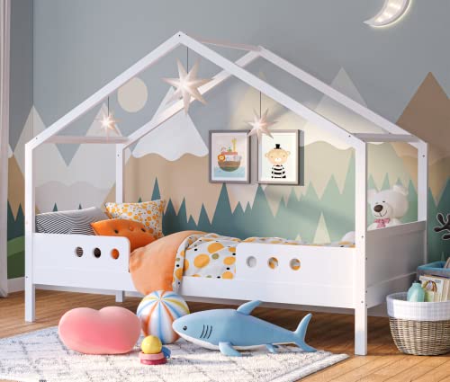 Bellabino Bela Hausbett 80x160 cm für Kinder mit Rausfallschutz, weißes Kinderbett, Kleinkinderbett und Jugendbett aus massivem Kiefernholz für Mädchen & Jungen inkl. Lattenrost von Bellabino