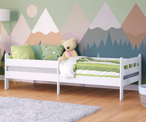 Bellabino Kinderbett Kuru 90x200, Einzellbett für Kinder inkl. Rausfallschutz und Lattenrost, Kinder Bett weiß, Bett für Jungen und Mädchen von Bellabino