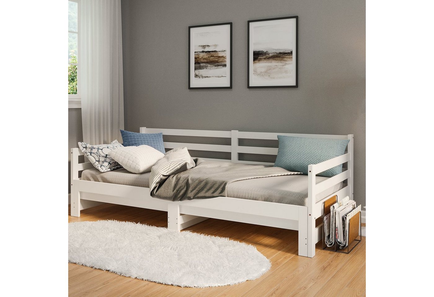 Bellamio Daybed Ayr (inkl. Lattenrost, 90x200/180x200 cm), mit Ausziehfunktion, aus Kiefer Massivholz, weiß von Bellamio