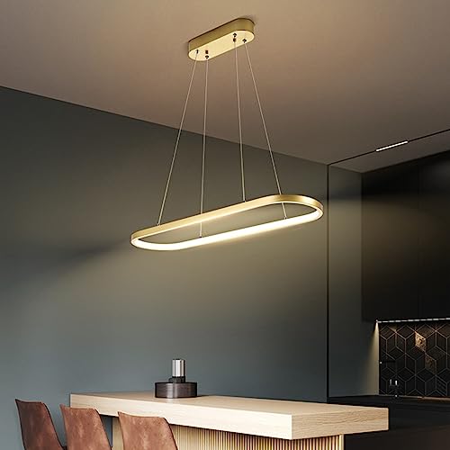 Bellastein Pendelleuchte Oval Esstisch Büro Lampen, LED Hängeleuchte Dimmbar Deckenleuchte mit Fernbedienung, Modern Ring Design Kronleuchter für Esszimmer Küchenlampe Blendfrei (Gold, L90cm) von Bellastein