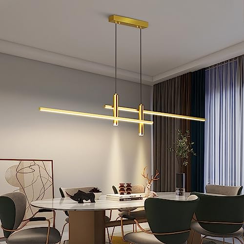 Moderne Esstisch Pendelleuchte LED Dimmbar Hängelampe Höhenverstellbar Kronleuchter mit Fernbedienung Hängeleuchte Wohnzimmer Lampe Wohnzimmer Küche Esszimmer Büro Deckenleuchte (Gold, L90cm) von Bellastein