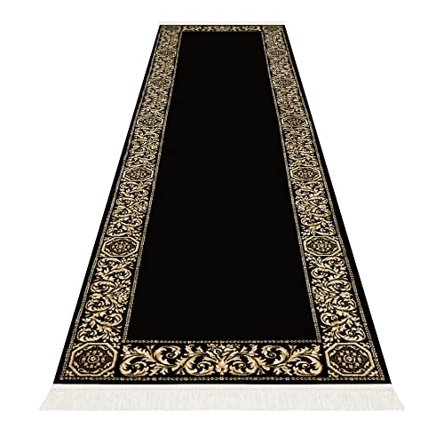 Belle Arti Premium Wohnzimmer Mäander Teppich Rund Läufer Oval aus 100% Viskose im Mäander Design Flur Carpet in verschiedenen Varianten und Größen 541 (schwarz, 80 x 400 cm) von Belle Arti