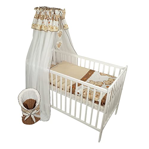 Bello24 - 12 Teiliges Babybett Kinderbett und Bettwäsche komplett Set Happy höhenverstellbar für Neugeborene Babys und Kleinkinder aus Massivholz (Beige - Knuddelbären) von Bello24