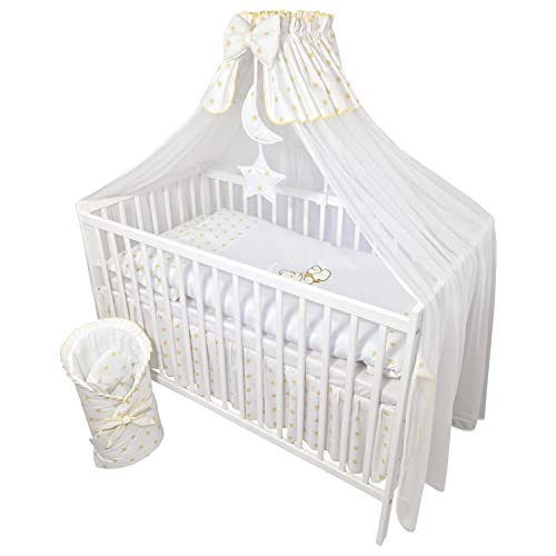 Bello24 - 13 Teiliges Babybett Kinderbett und Bettwäsche komplett Set Happy Leo inkl. Matratze höhenverstellbar für Neugeborene Babys und Kleinkinder Bestickt (Teddybär Mond goldene Sternchen) von Bello24