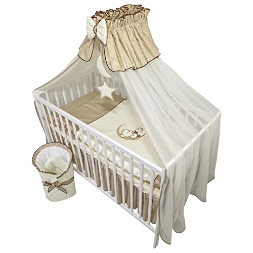 Bello24 - 13 Teiliges Babybett Kinderbett und Bettwäsche komplett Set Happy Leo inkl. Matratze höhenverstellbar für Neugeborene Babys und Kleinkinder aus Massivholz Bestickt Teddybär Mond Dunkelbeige von Bello24