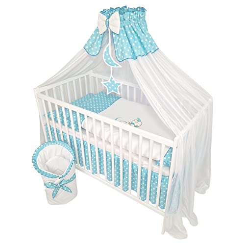 Bello24 - 13 Teiliges Babybett Kinderbett und Bettwäsche komplett Set Timmi inkl. Matratze höhenverstellbar für Neugeborene Babys und Kleinkinder aus Massivholz Bestickt (Teddybär Mond Azurblau) von Bello24