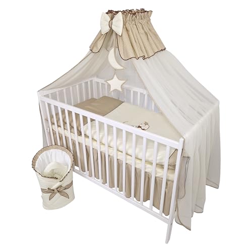 Bello24 - 13 Teiliges Babybett Kinderbett und Bettwäsche komplett Set Timmi inkl. Matratze höhenverstellbar für Neugeborene Babys und Kleinkinder aus Massivholz Bestickt Teddybär Mond Dunkelbeige von Bello24