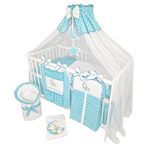 Bello24 - 16 Teiliges Babybett Kinderbett und Bettwäsche komplett Set Happy Leo inkl. Matratze höhenverstellbar für Neugeborene Babys und Kleinkinder aus Massivholz (Teddybär Mond Azurblau) von Bello24