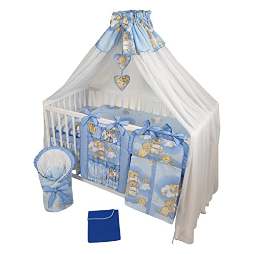 Bello24 - 16 Teiliges Babybett Kinderbett und Bettwäsche komplett Set Happy höhenverstellbar für Neugeborene Babys und Kleinkinder aus Massivholz in fantastischen Farben (Blau Teddybär auf Leiter) von Bello24