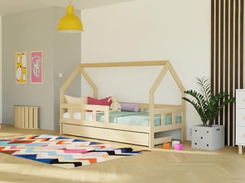Benlemi Fence 2in1 Kinderbett | in Form eines Hauses | aus Holz | mit Schutzgitter und Aufbewahrungsschublade | 120x200 (Dunkelgrau, Mit Einer Schranke) von Benlemi