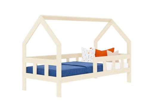 Benlemi Fence 2in1 Kinderbett | in Form eines Hauses | mit Seitenwand | aus Holz | 120x200 cm (weiß, Mit Schranke) von Benlemi