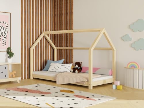 Benlemi Kinderbett TERY | in Form eines Hauses | aus Holz | 120x200 cm (Transparente Wachsglasur matt) von Benlemi