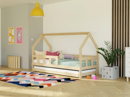 Benlemi Kinderbett in Form eines Hauses Fence 2in1 | aus Holz | mit Gitter und Zusatzbett (Transparente Wachslasur matt, Mit Einer Schranke) von Benlemi
