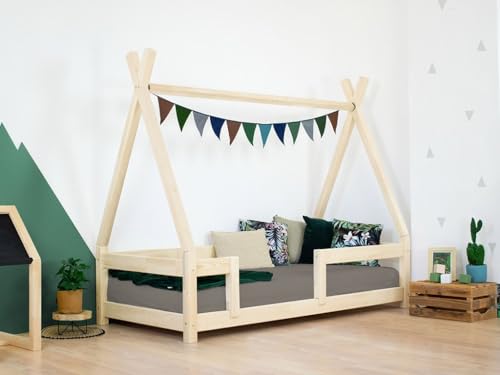 Benlemi | NAKANA Holz-Kinderbett | Tipi-Form | mit Anrichte | 80x200cm (dunkelgrau) von Benlemi