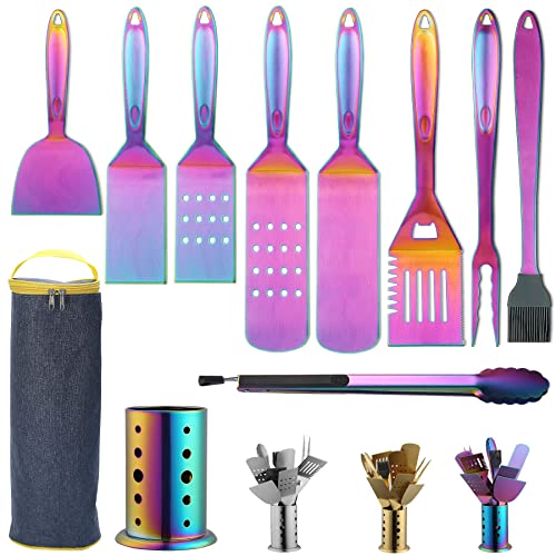 Berglander Regenbogen Grill Zubehör, Edelstahl Bunte Titanbeschichtung BBQ Grillbesteck Set 10 teiliges mit einem Utensilienhalter, Edelstahlgriff, kein Schmelzen, kein Ablösen und hitzebeständig von Berglander