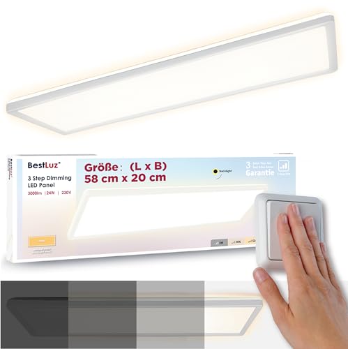 BestLuz Deckenlampe LED Deckenleuchte 580x200x28mm (LxBxH) Dreistufige Dimmbar Rechteckig LED Panel Ultra Flach 3000LM 24W Neutralweiß 4000K mit Backlight für Badezimmer Schlafzimmer Wohnzimmer Küche von BestLuz